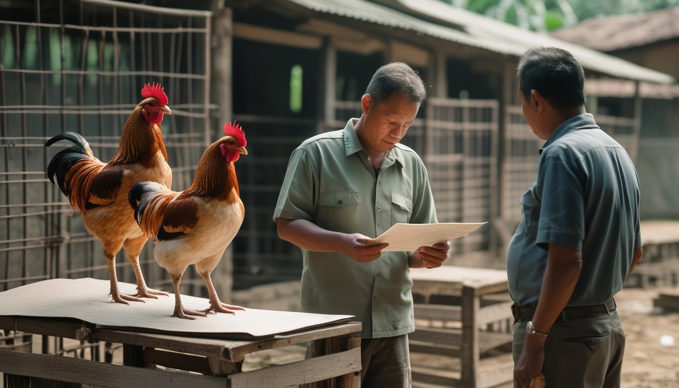 Dua orang dewasa membahas lembaran kosong di dekat ayam jantan yang berada di kandang terpisah.