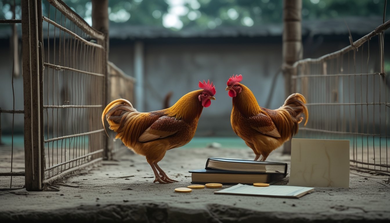 Arena sabung ayam yang sepi dengan ayam dalam kandang dan buku hukum tertutup.