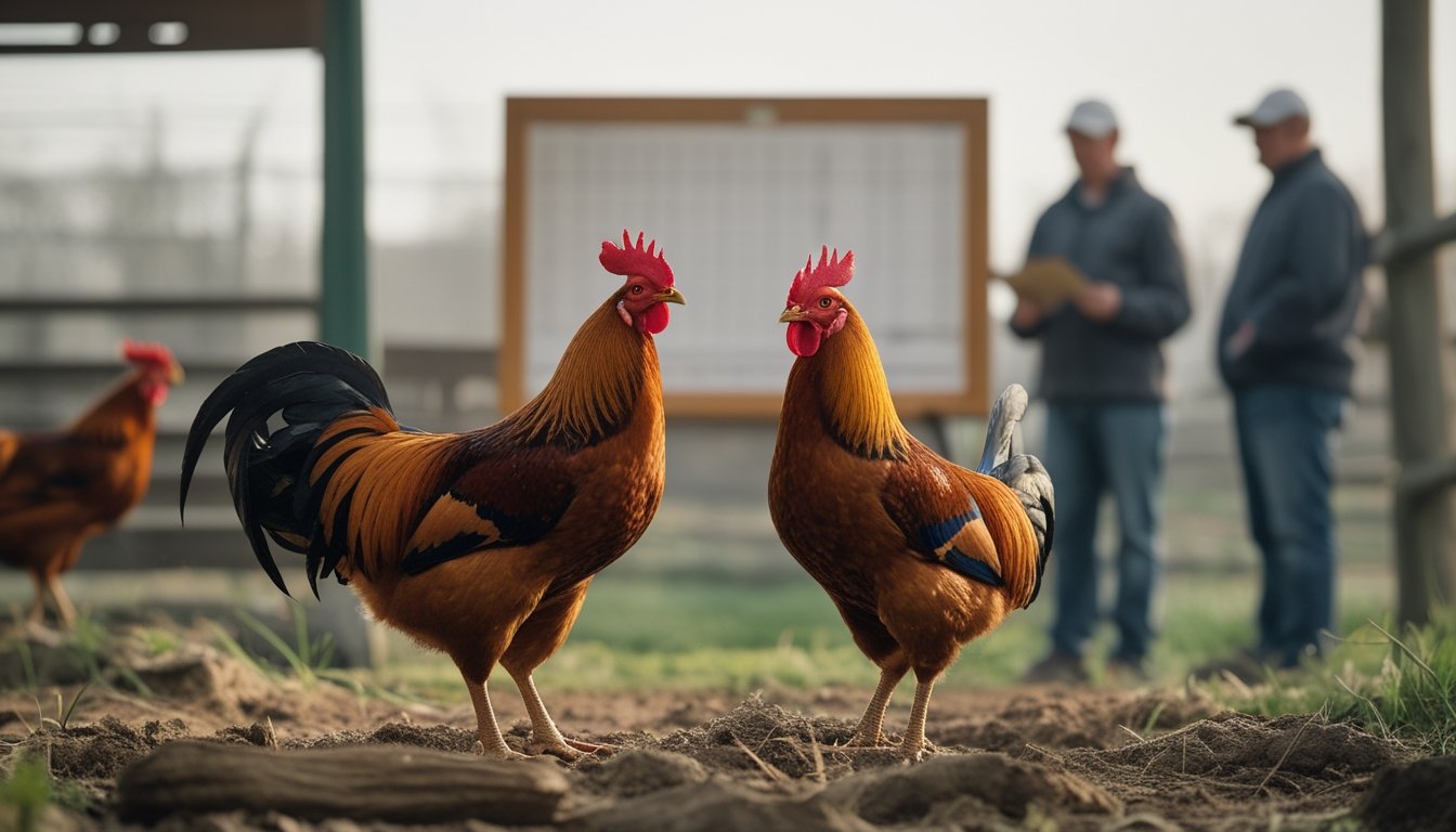 Dua ayam jantan berdiri terpisah di halaman, sementara beberapa orang mengamati kertas di dekat papan kayu.