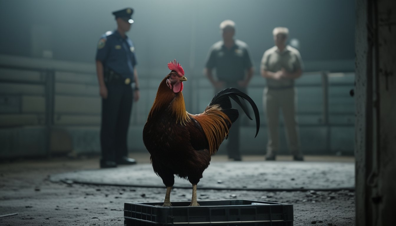 Seekor ayam jantan berada di dalam kandang, sementara petugas dan beberapa orang terlihat di latar belakang.