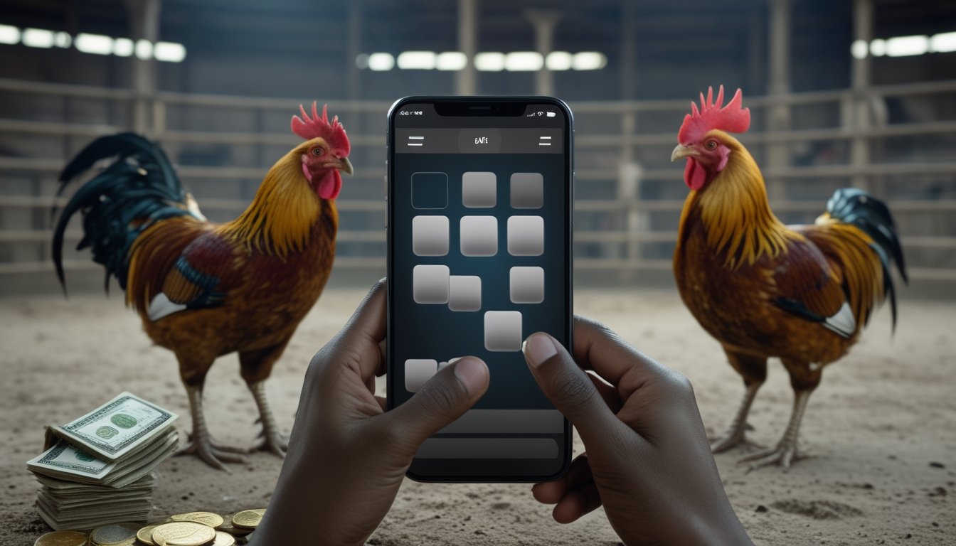 Seseorang melihat ponsel di dekat dua ayam jantan di arena.