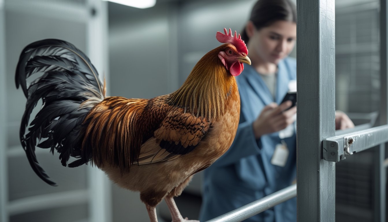 Seekor ayam jantan berada di dekat petugas kesejahteraan hewan, sementara seseorang melihat ponsel di latar belakang.