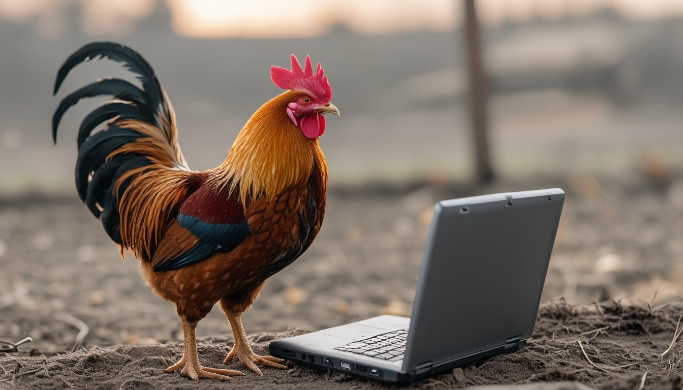Seekor ayam jantan berdiri tenang di dekat laptop tertutup dan buku catatan kosong.