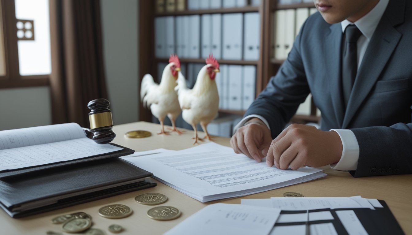 Seorang profesional hukum meninjau dokumen di dekat dua ayam jantan yang berdiri tenang.