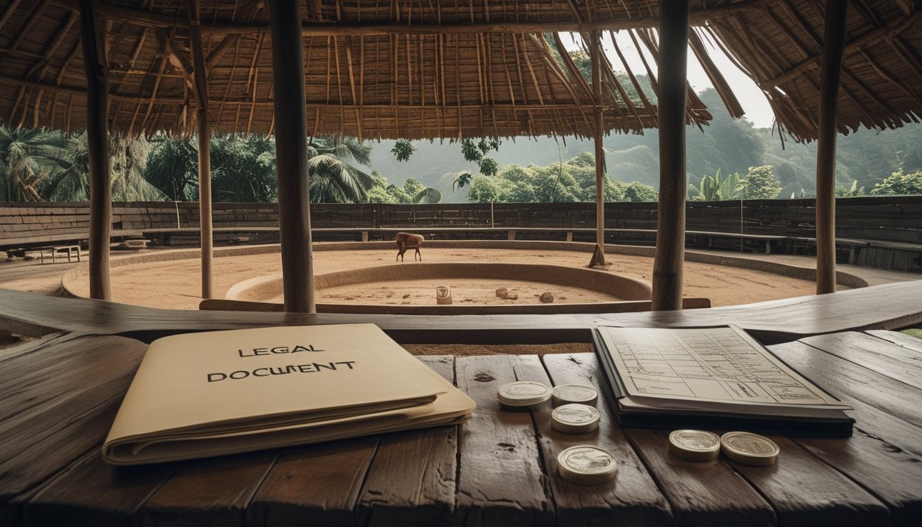 Arena sabung ayam tradisional yang kosong dengan dokumen hukum dan token taruhan di atas meja.