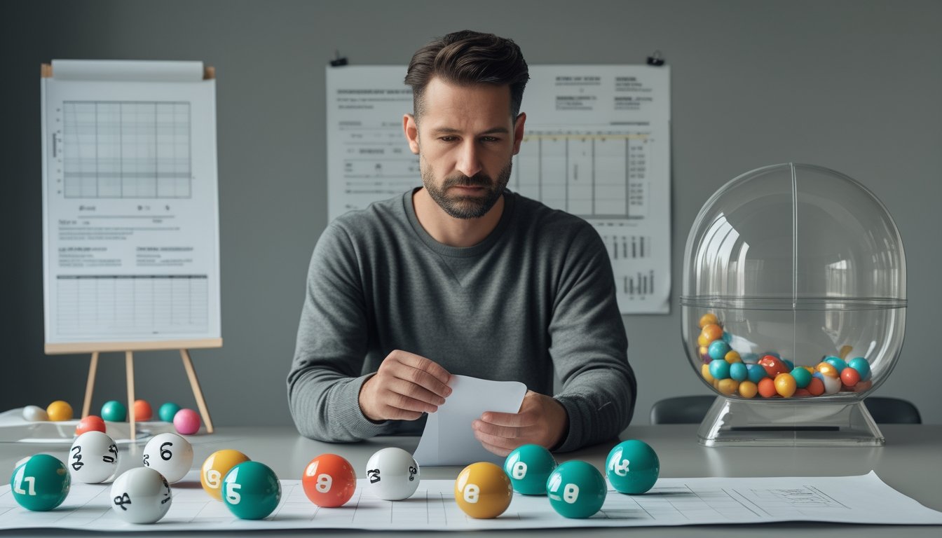 Seseorang mengamati bola undian bernomor dan grafik sederhana di atas meja.