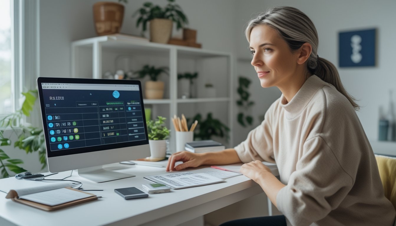 Seorang dewasa meninjau pilihan angka di laptop sambil mencatat anggaran di meja.