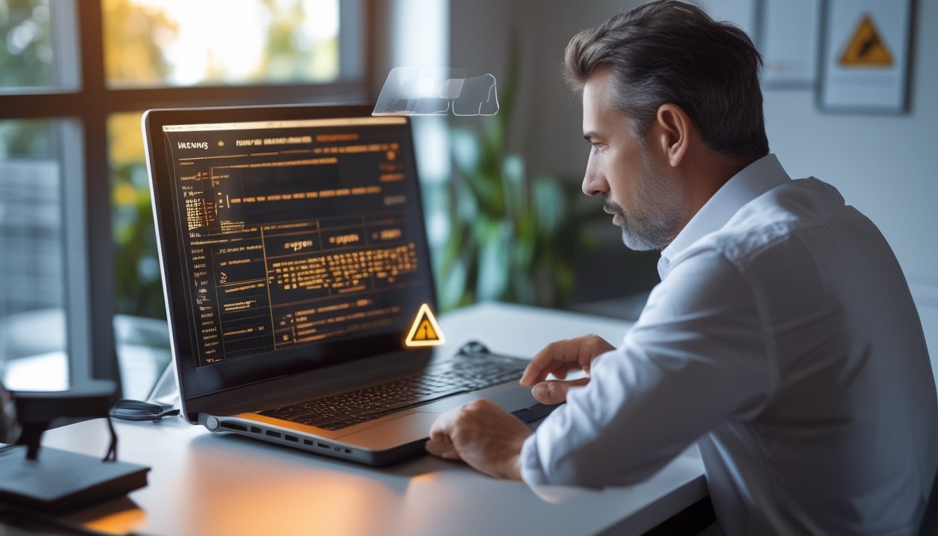 Seseorang memeriksa situs taruhan daring di laptop dengan tanda peringatan di meja.