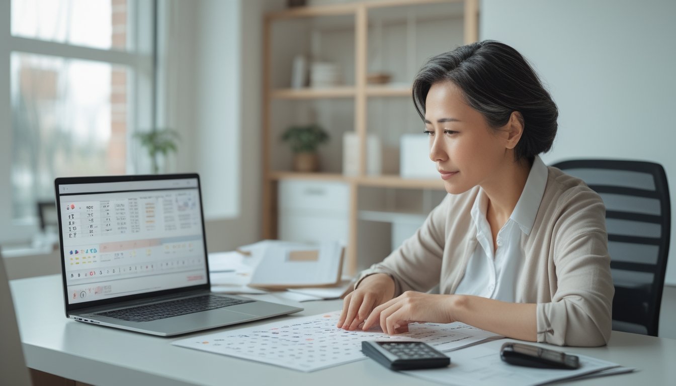 Seseorang memeriksa tampilan berisi pola angka di laptop dan lembar kertas.
