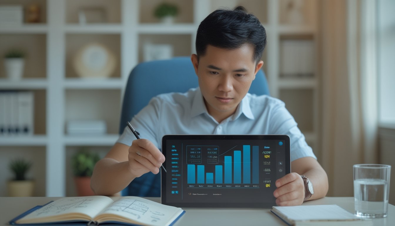 Seorang pemula mempelajari tampilan sistem taruhan melalui tablet di meja.