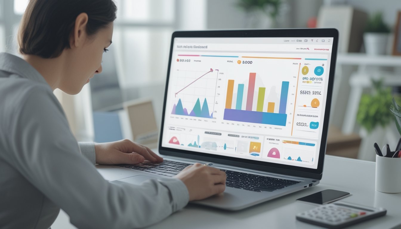 Seseorang memeriksa grafik informasi pada laptop di meja kerja.