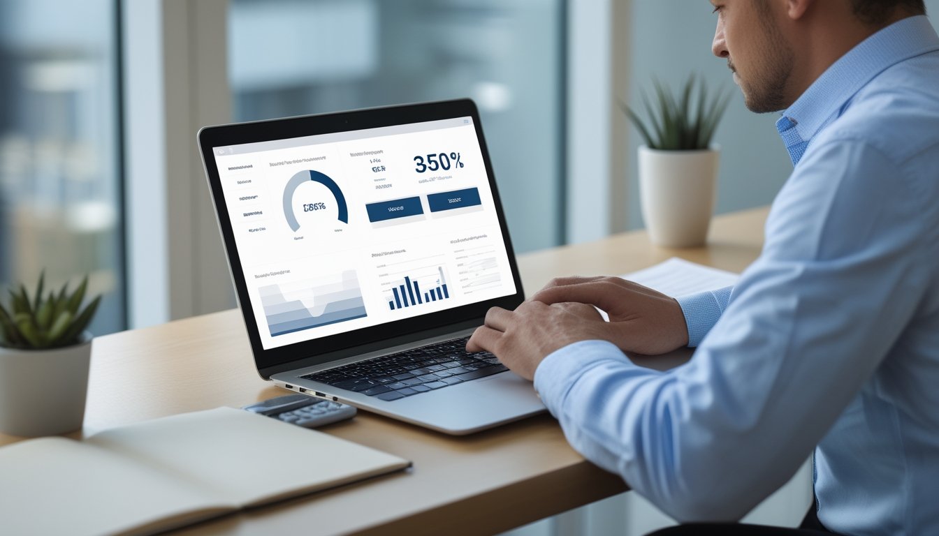 Seorang analis memeriksa grafik data abstrak di laptop dengan kalkulator dan buku catatan di meja.