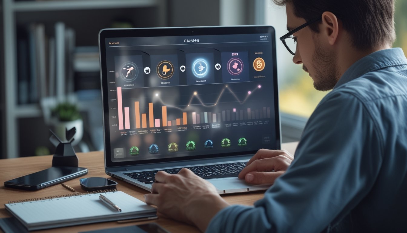 Seseorang mempelajari grafik statistik permainan di laptop sambil mencatat di meja.
