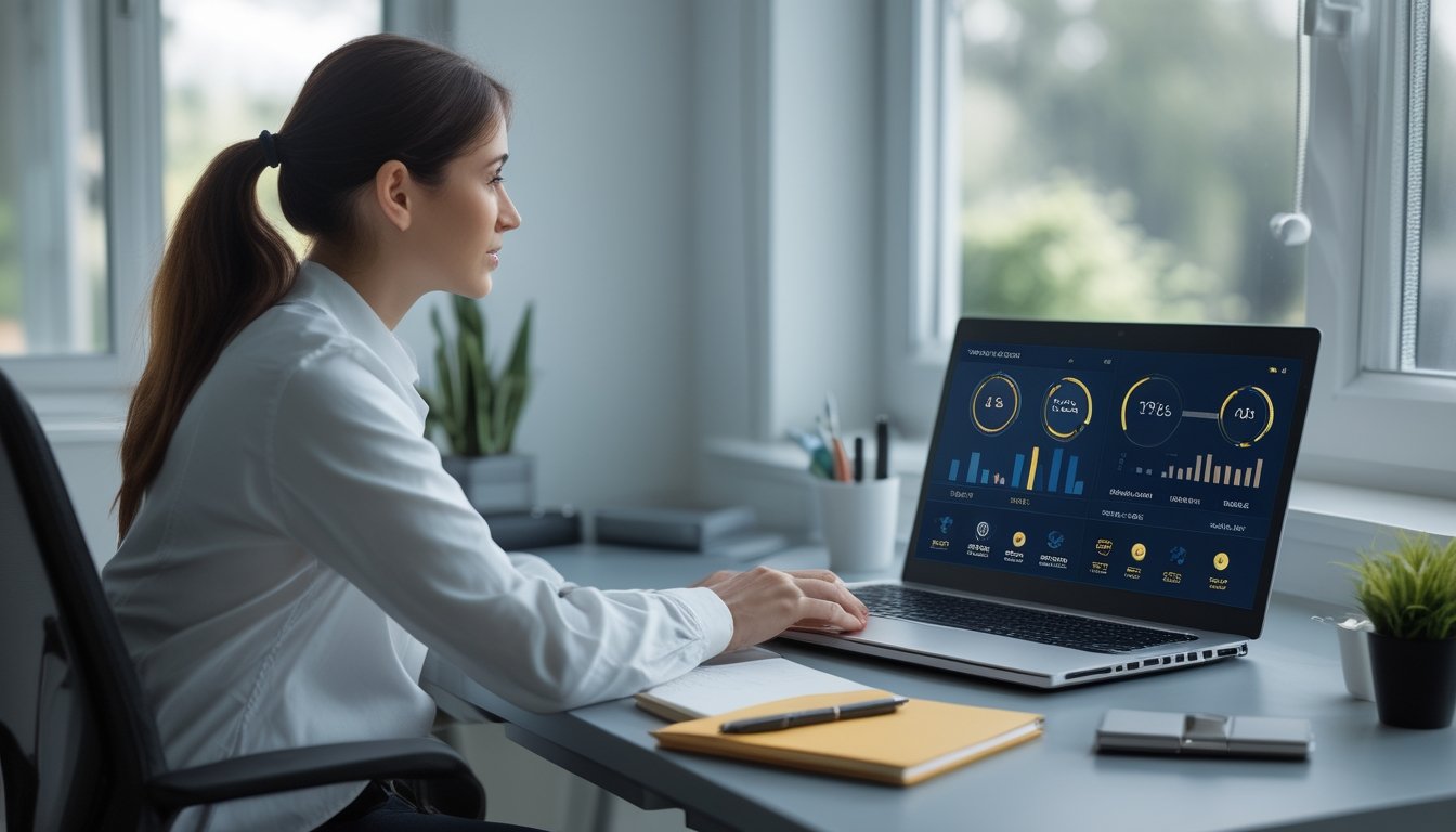 Seorang pemula mempelajari grafik pada laptop di meja kerja.