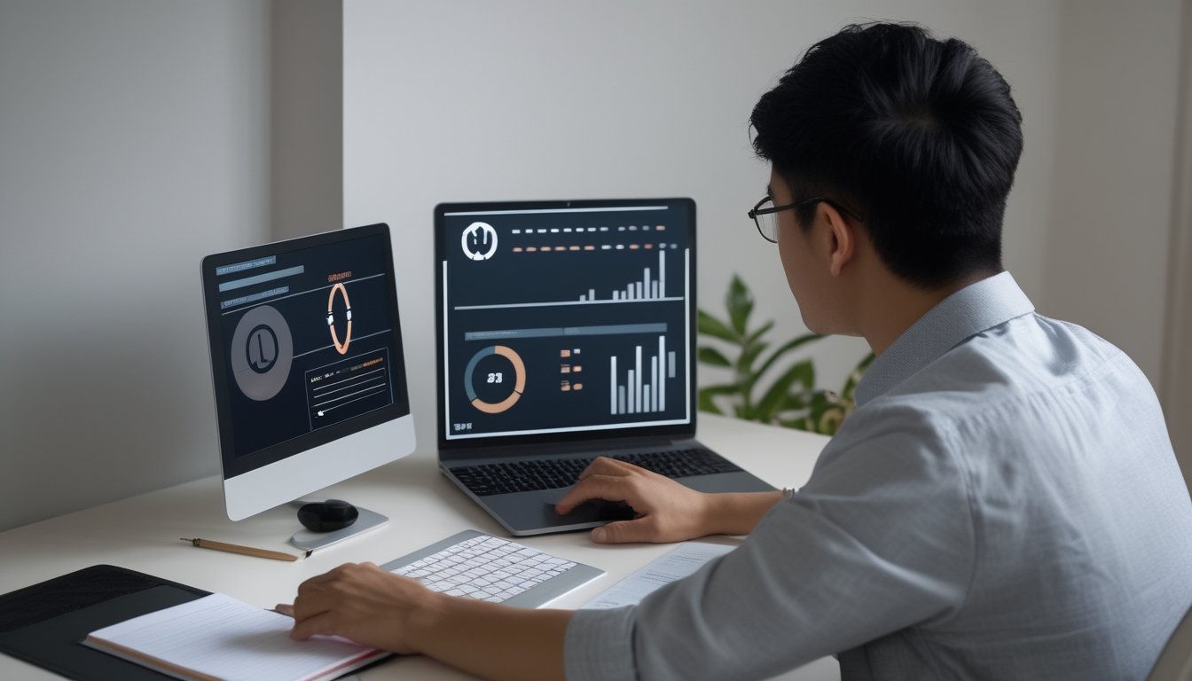 Seseorang meninjau grafik peluang di laptop sambil mencatat di meja.