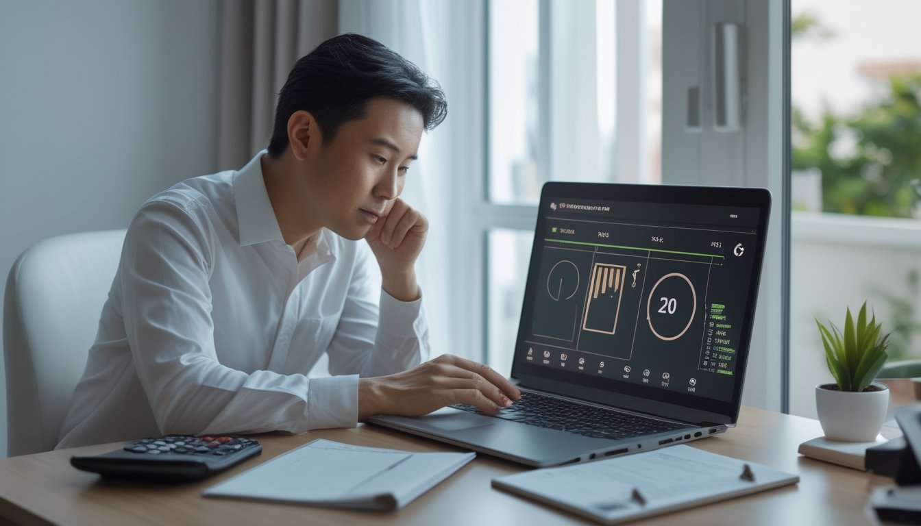 Seseorang meninjau grafik peluang di laptop sambil menyiapkan catatan dan kalkulator.