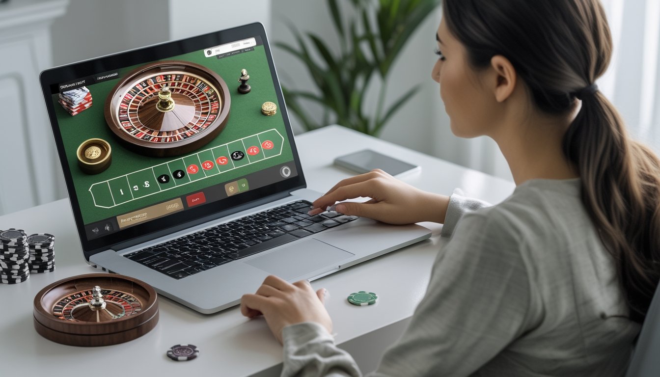 Seorang pemula mempelajari permainan roulette di laptop dengan roda roulette kecil di meja.