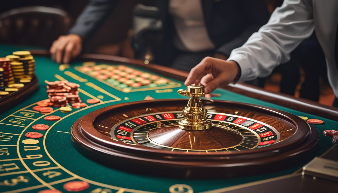 Seorang pemula memasang keping taruhan di meja roulette sementara roda berputar.