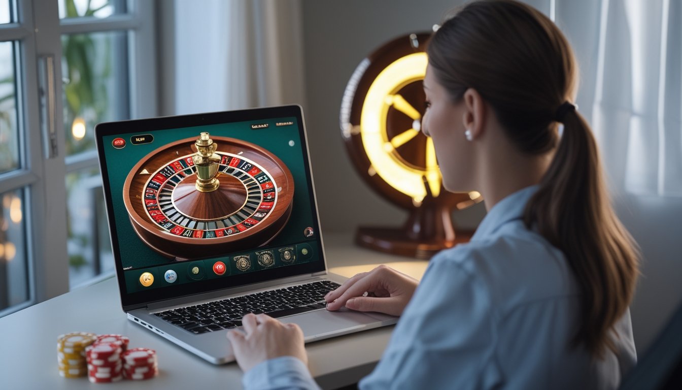 Seorang pemain melihat permainan roulette pada laptop.
