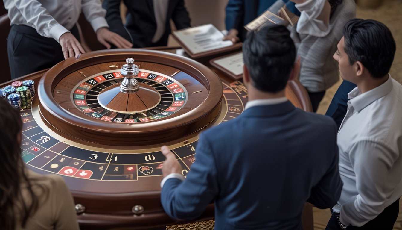 Seorang bandar dan beberapa pemain mengamati roda serta tata letak meja roulette.