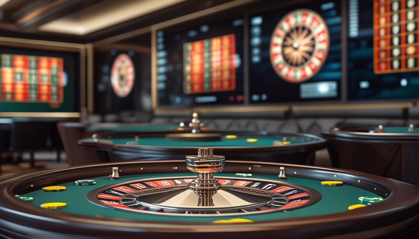 Meja roulette dengan roda permainan dan beberapa keping taruhan.