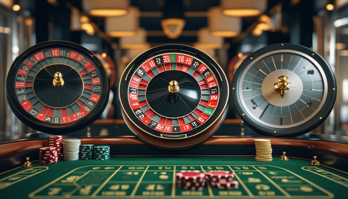 Tiga roda roulette dengan susunan berbeda berada di atas meja kasino hijau.