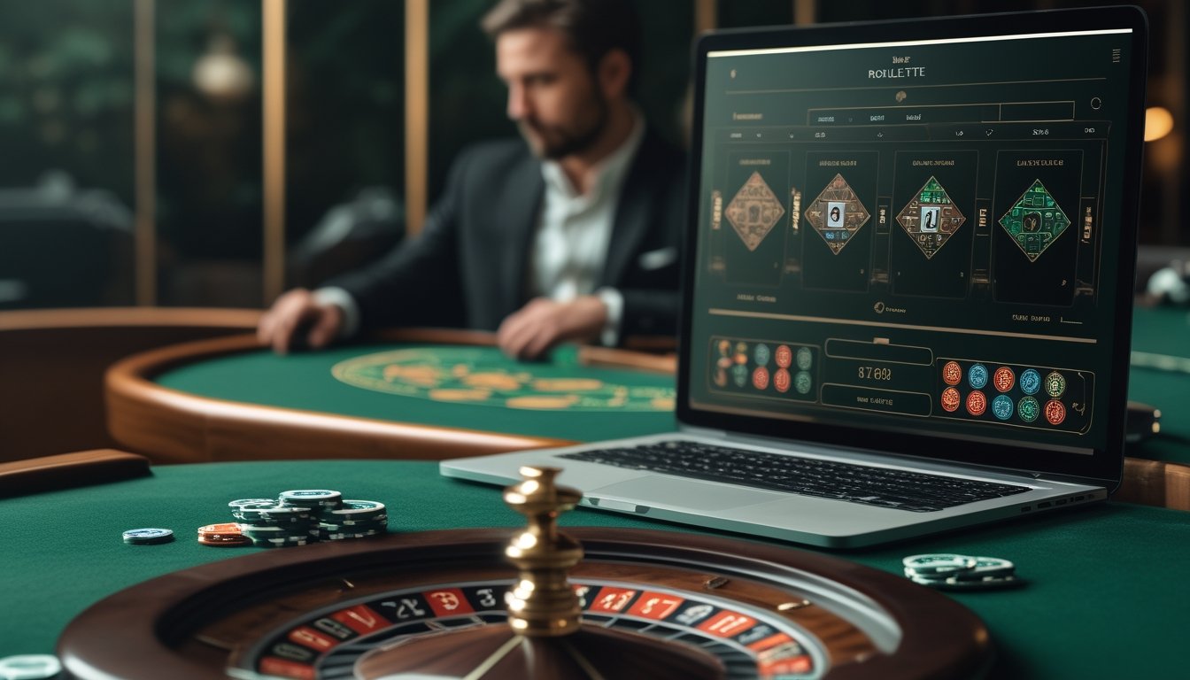 Seseorang memperhatikan roda roulette, keping taruhan, dan laptop di meja permainan.
