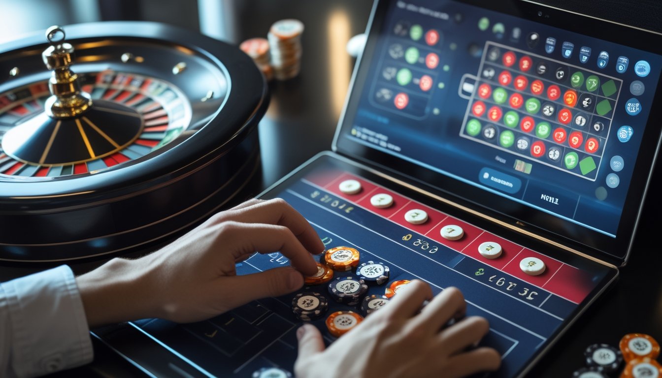 Seseorang menggunakan laptop untuk melihat roda roulette dan memasang chip pada meja taruhan.