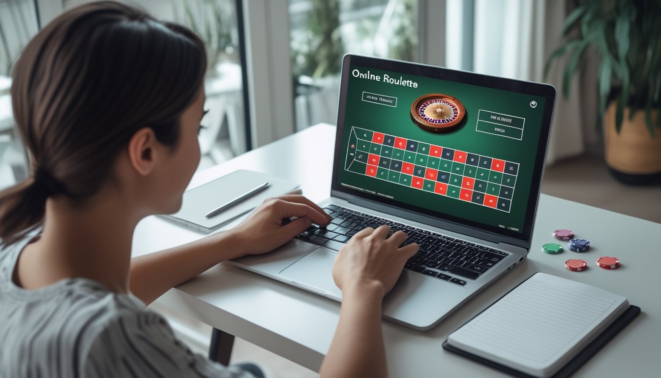 Seorang dewasa mempelajari roda roulette di laptop dengan buku catatan di meja.