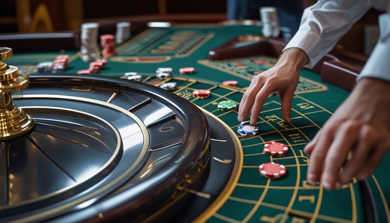 Tangan seseorang menempatkan chip di meja roulette saat roda berputar.