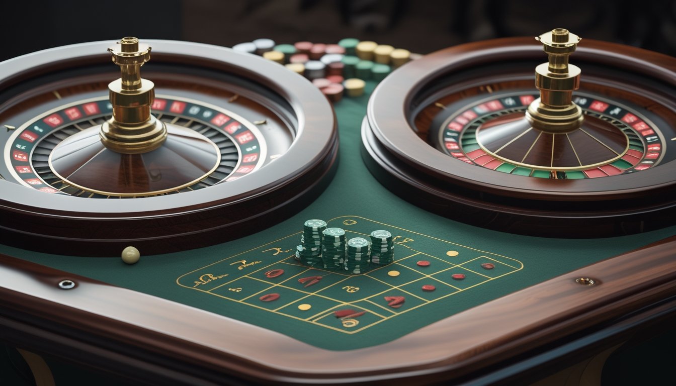 Dua roda roulette di atas meja kasino, satu dengan kantong nol dan satu dengan kantong nol serta nol ganda.