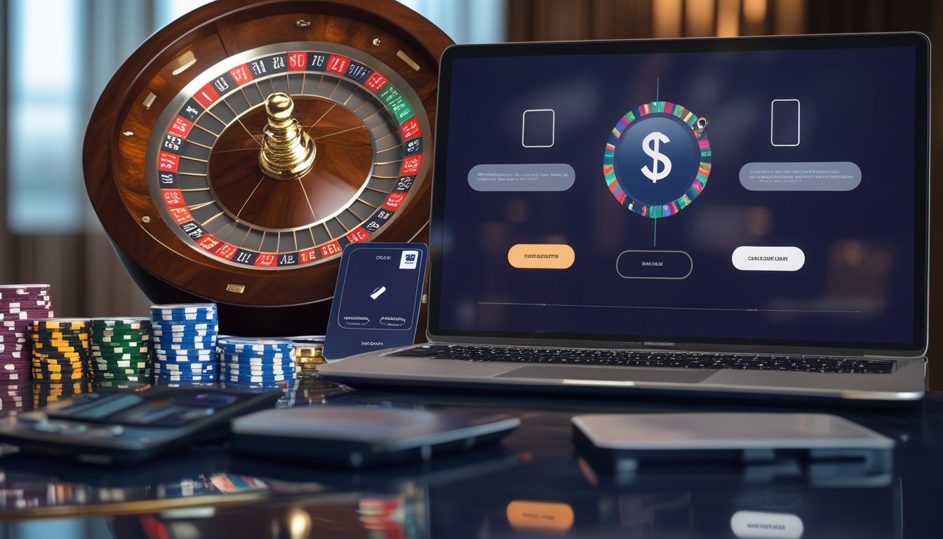 Roda roulette, keping kasino, laptop, dan ponsel di atas meja.