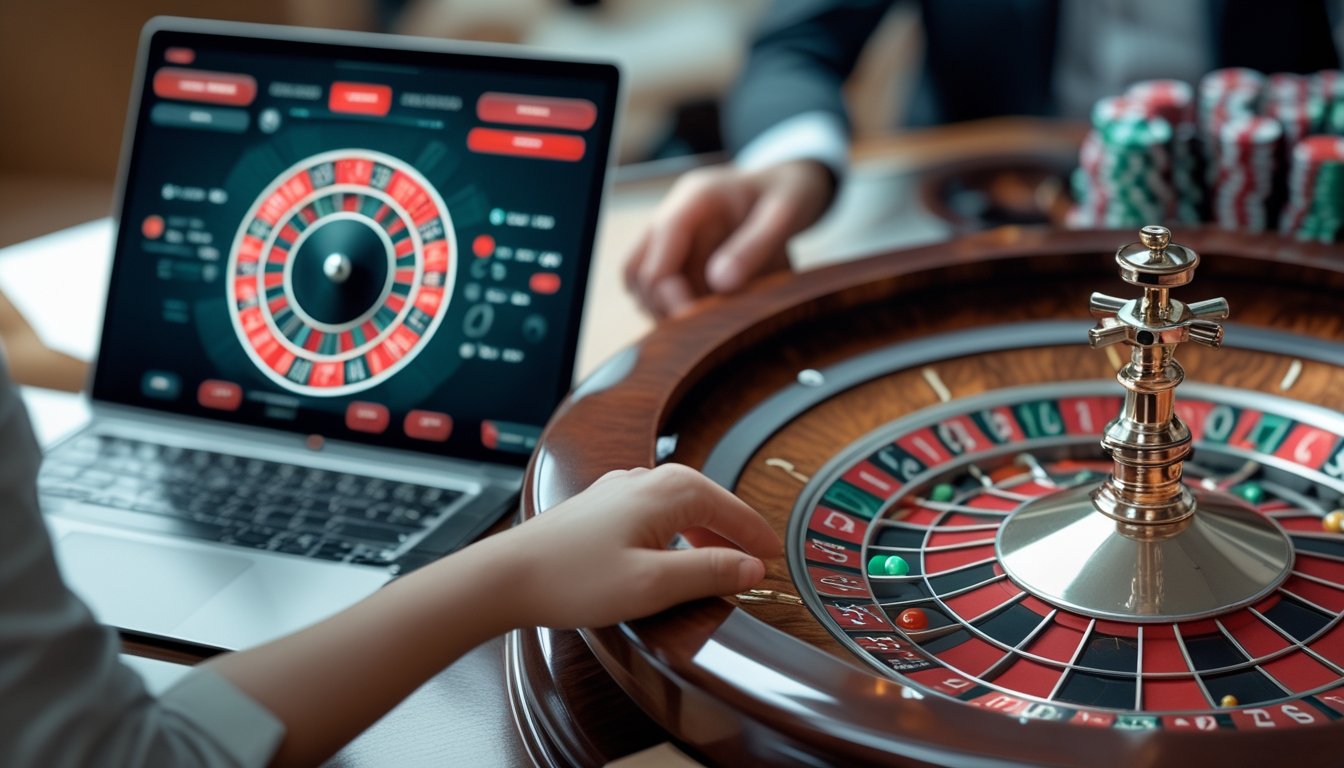 Tangan meletakkan chip di meja roulette di samping roda roulette dan layar perangkat.