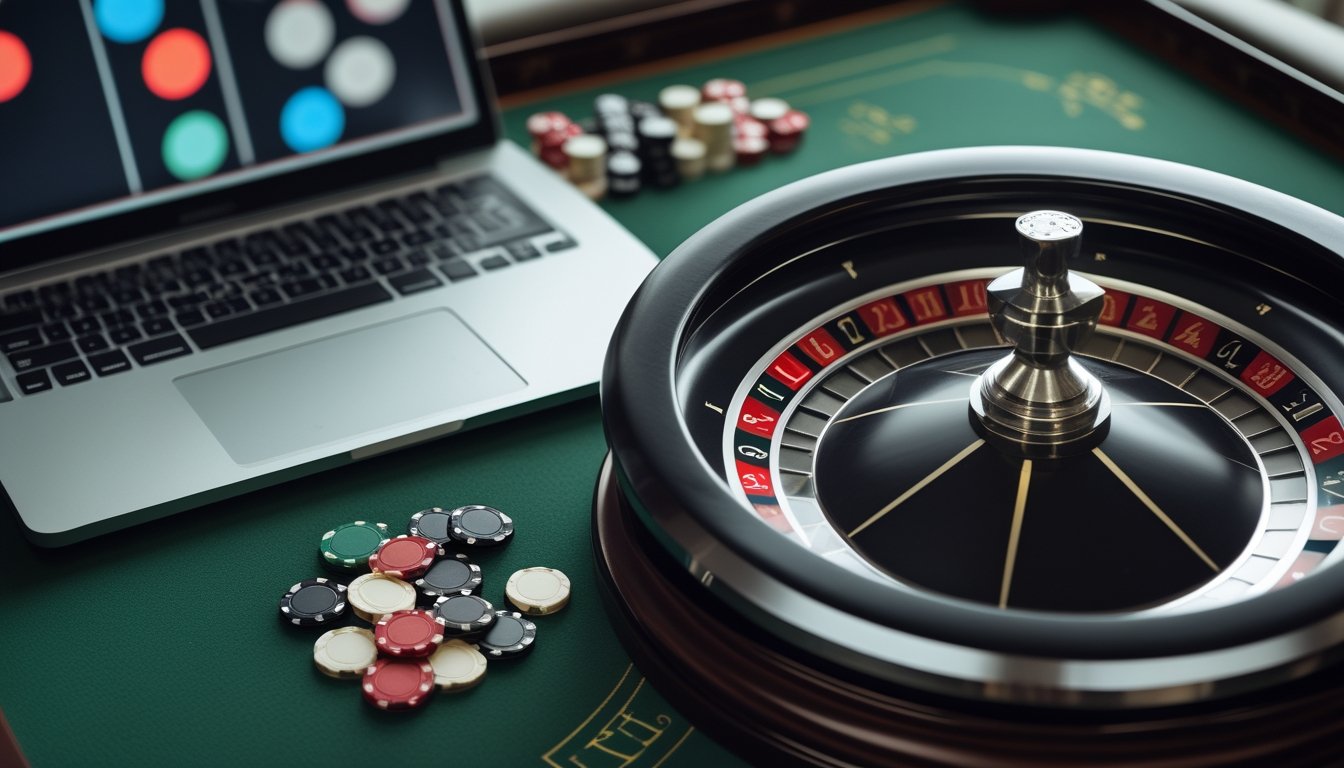 Roda roulette dan beberapa keping taruhan di atas meja hijau.