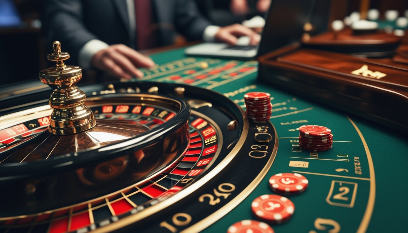 Roda roulette dan keping taruhan di atas meja hijau, dengan seseorang menggunakan laptop di latar belakang.