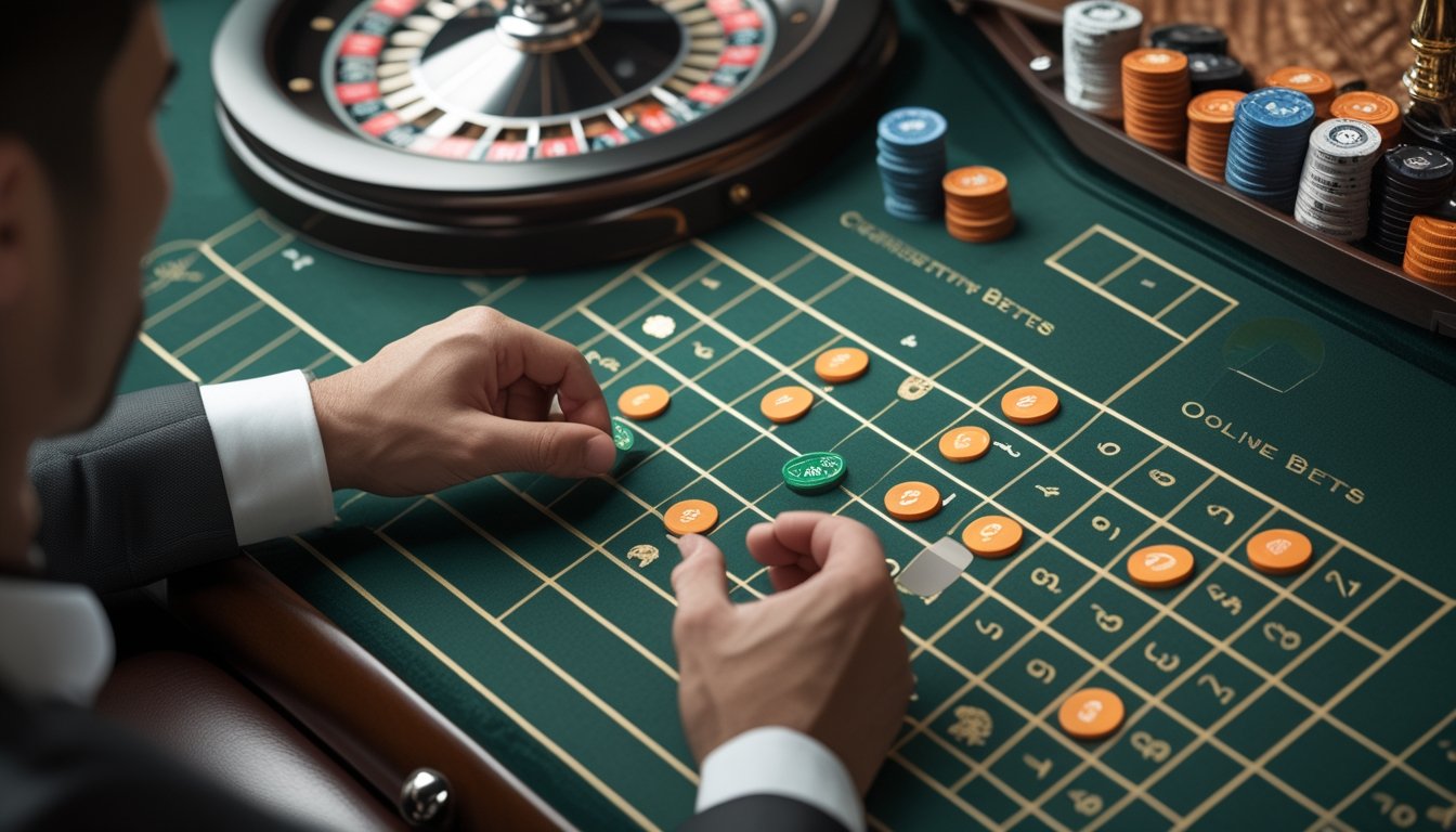 Tangan seseorang menempatkan keping taruhan pada area dalam dan luar meja roulette.