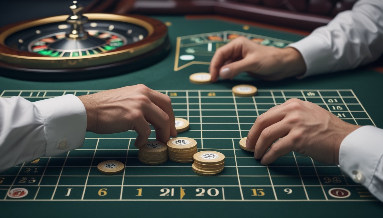 Tangan menempatkan keping taruhan pada bagian dalam dan luar meja roulette.
