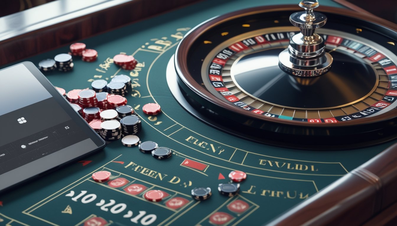Roda roulette dan chip taruhan di atas meja roulette.