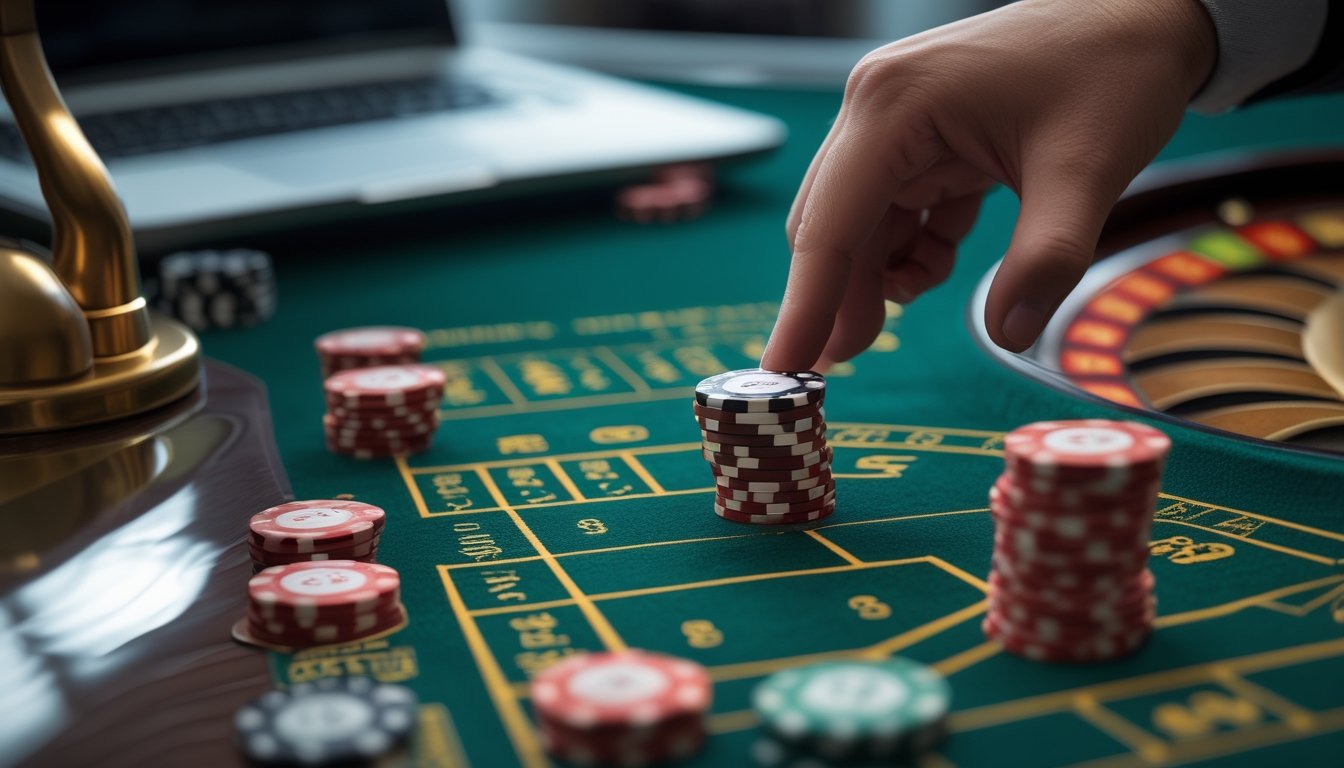 Tangan menempatkan keping taruhan di meja roulette dengan roda roulette di dekatnya.