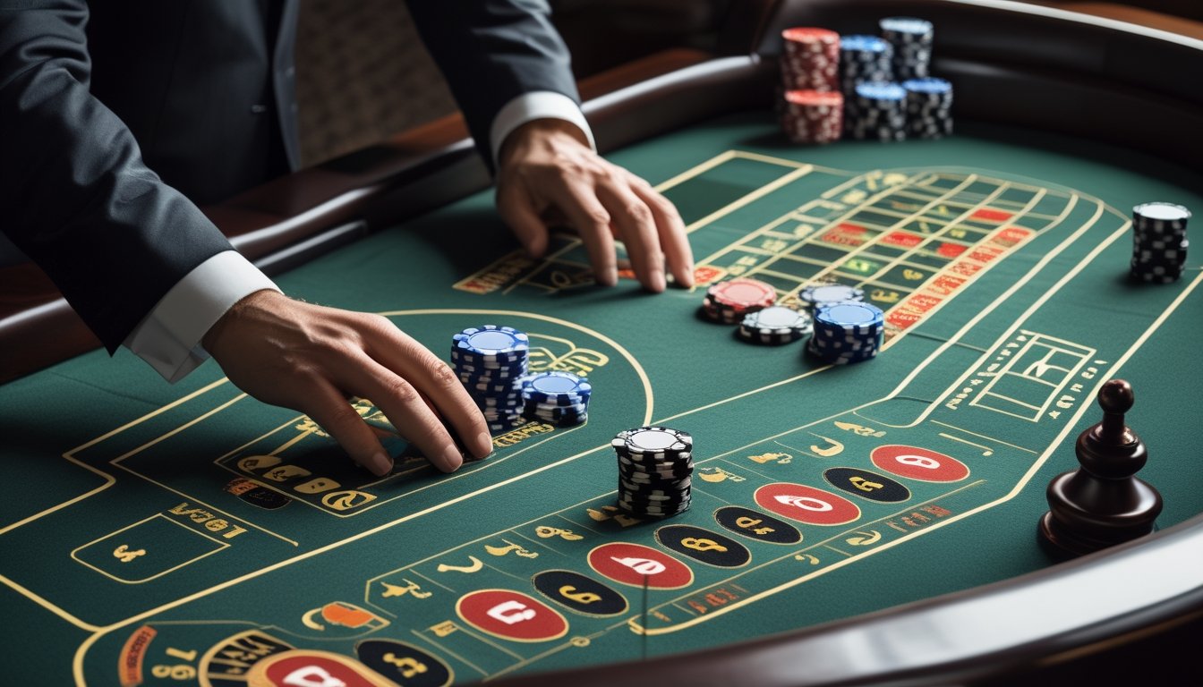 Tangan seseorang mempertimbangkan beberapa pilihan taruhan di meja roulette.