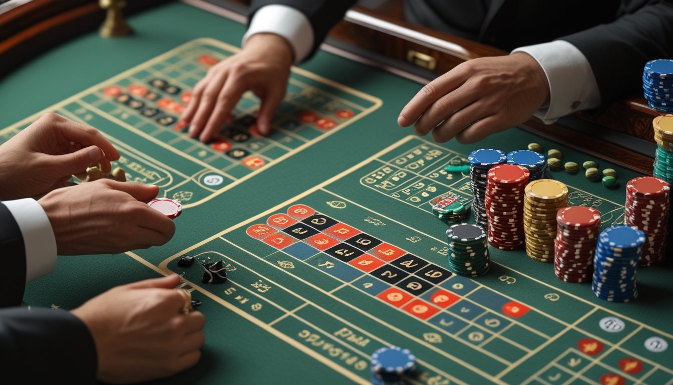 Tangan menempatkan keping taruhan di berbagai area meja roulette.