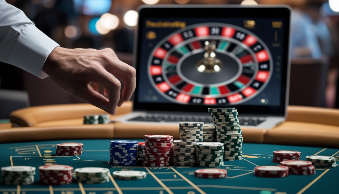 Seseorang mempertimbangkan taruhan di meja roulette dengan laptop di latar belakang.