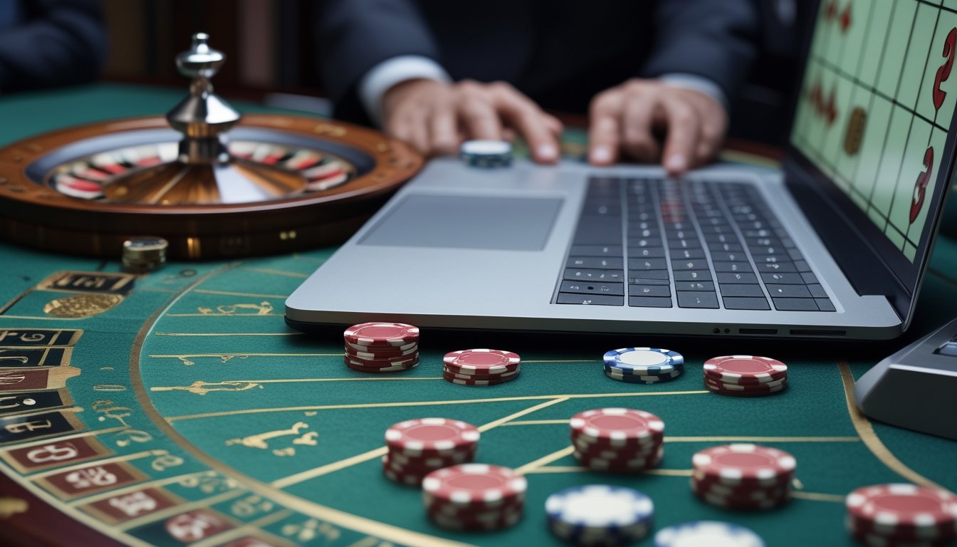 Roda roulette, keping taruhan, dan laptop dengan tampilan permainan roulette.
