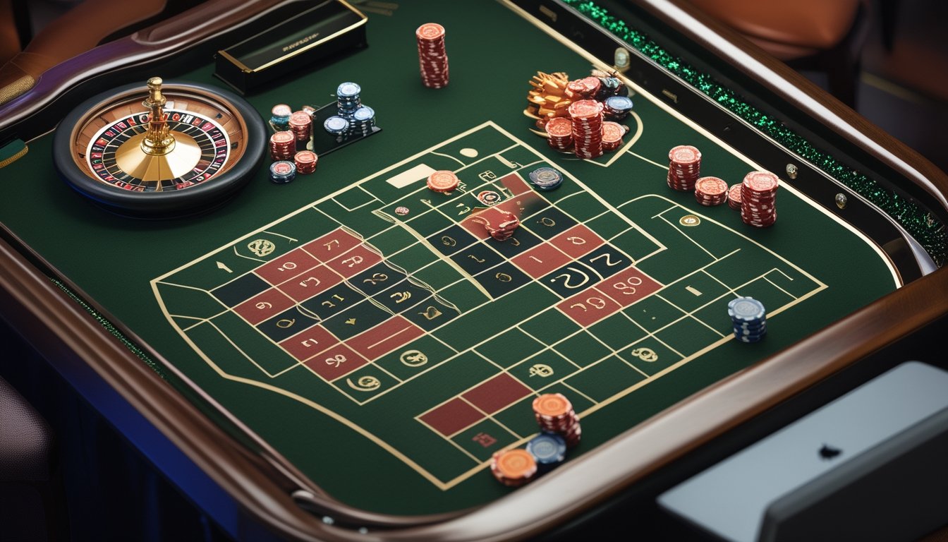 Dua roda roulette Eropa dan Amerika dengan chip di atas meja hijau.