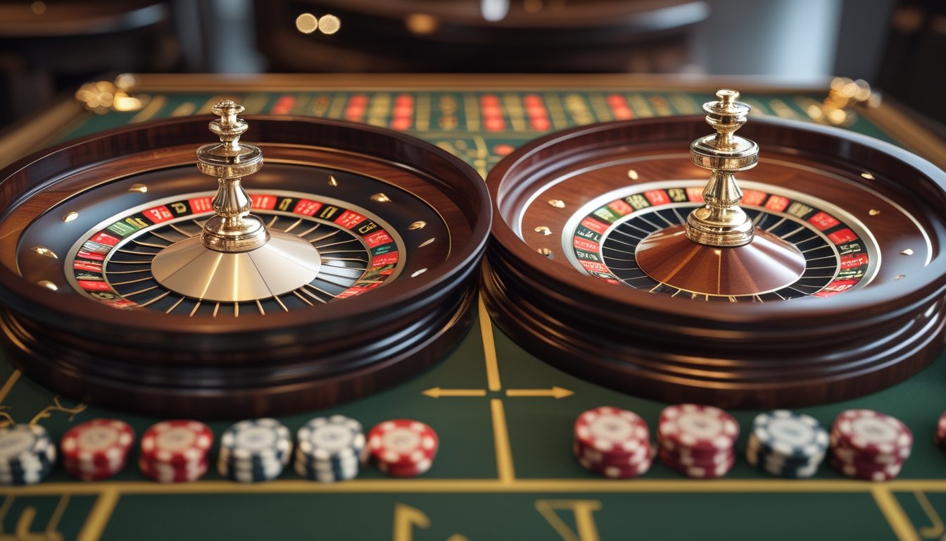 Dua roda roulette berdampingan, satu dengan satu angka nol dan satu lagi dengan angka nol serta nol ganda.
