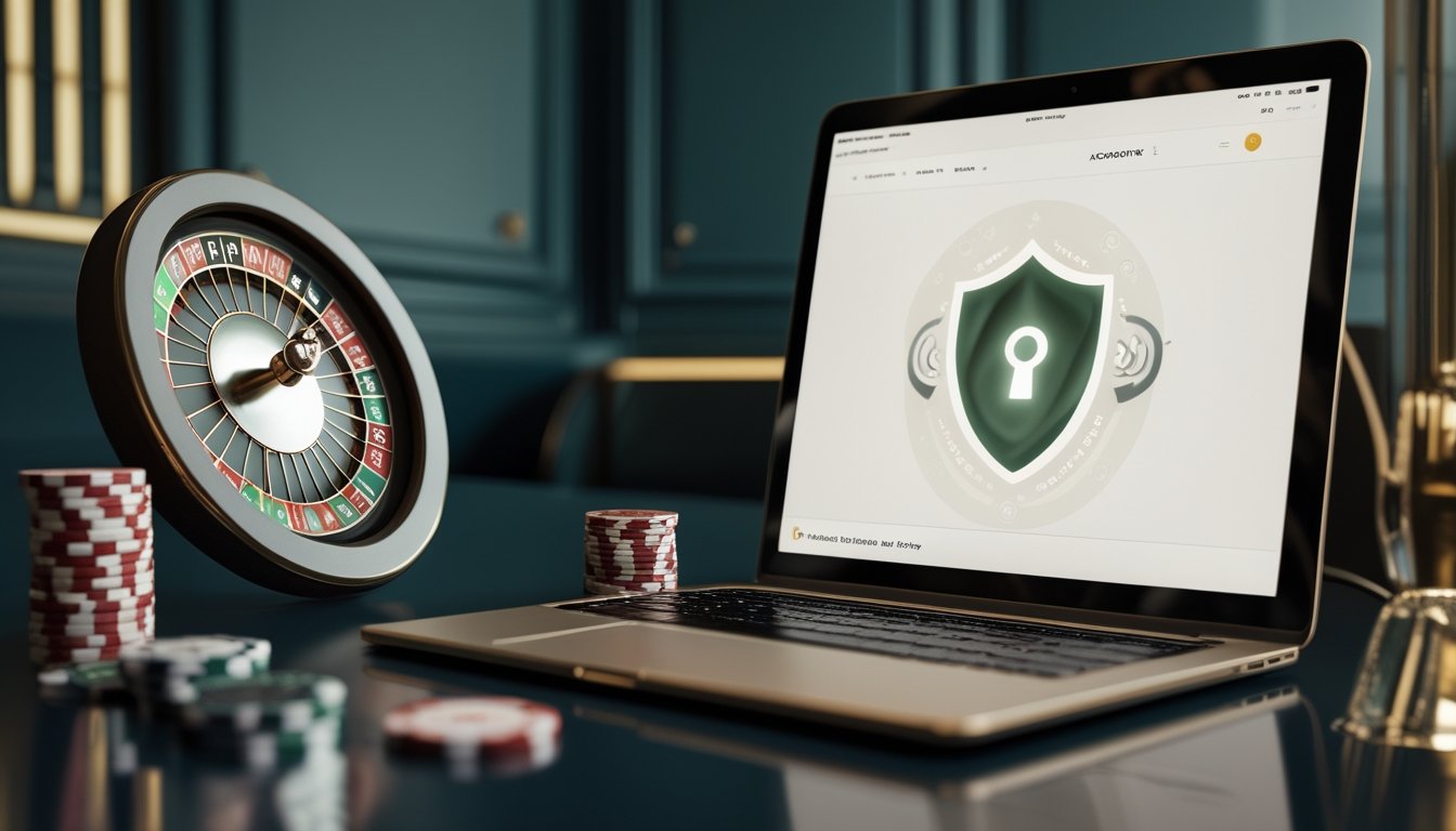 Roda roulette, keping taruhan, dan perangkat digital dengan simbol keamanan.
