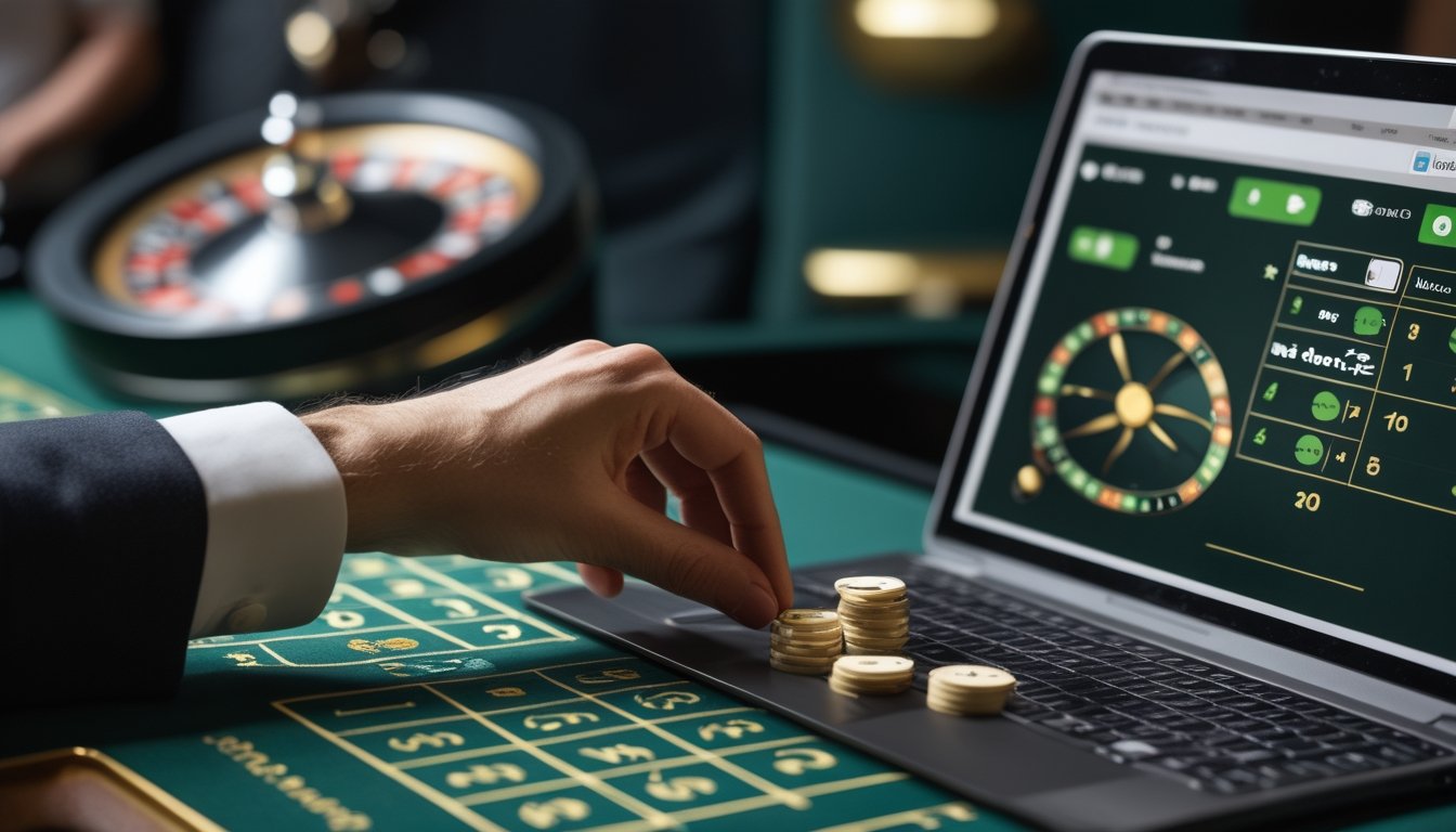 Tangan menempatkan keping taruhan di meja roulette, dengan laptop menampilkan roda roulette.