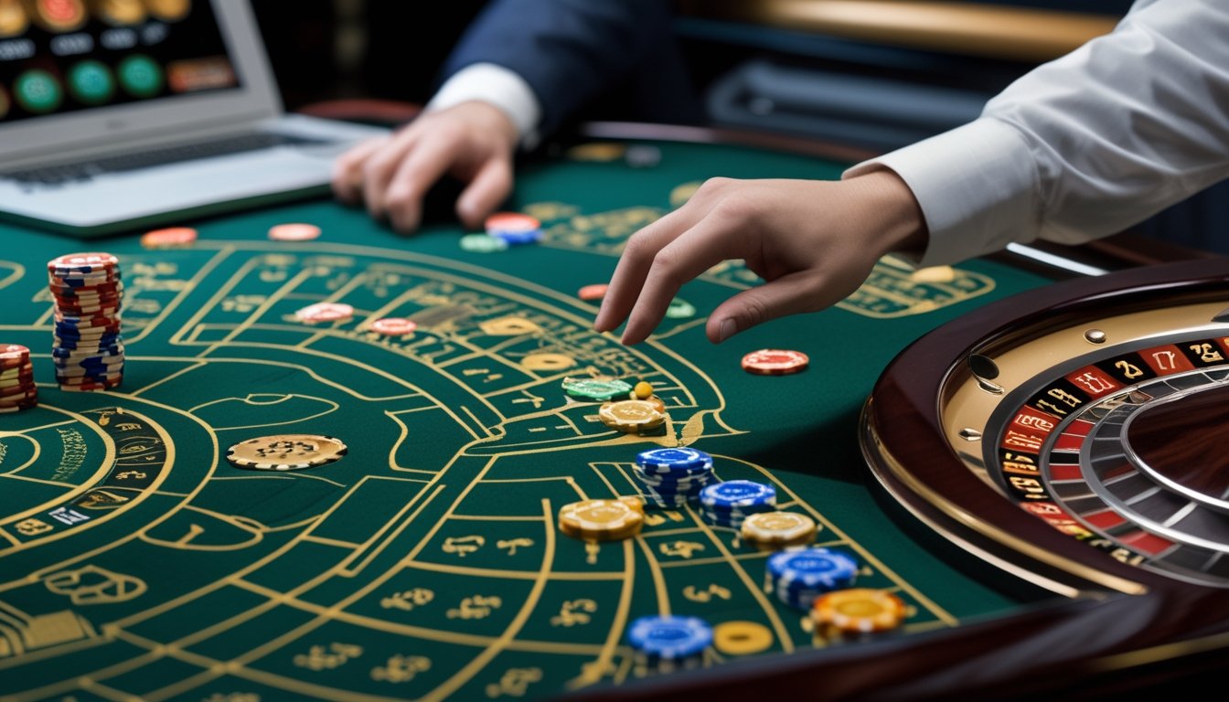 Roda roulette dan beberapa chip taruhan di atas meja.