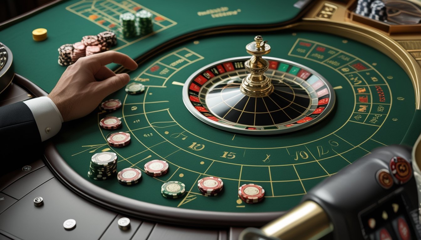 Roda roulette dan keping taruhan tersusun di atas meja permainan.