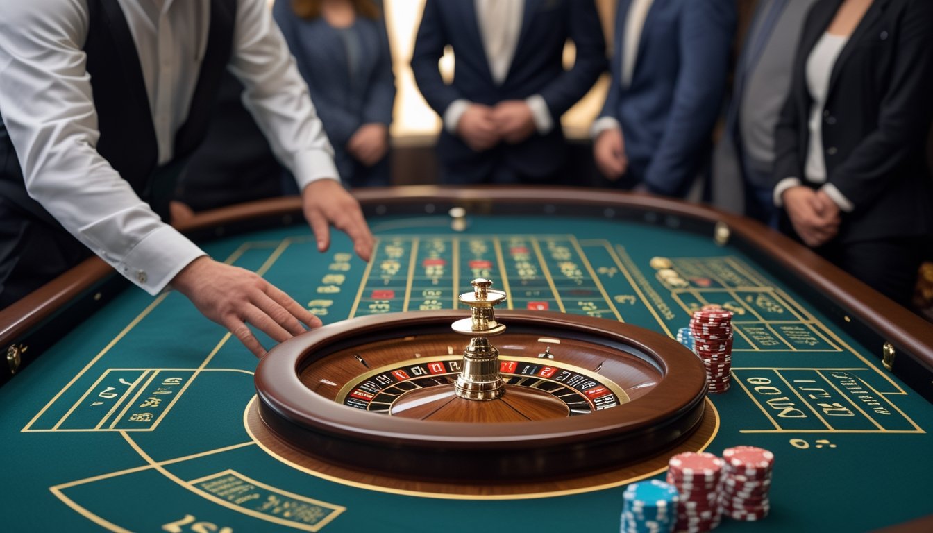 Seorang dealer menunjukkan meja roulette kepada beberapa pemain.